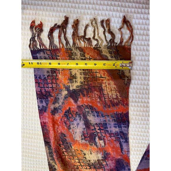 Bohemian Abstract Purple & Orange Printed Long Neck Scarf With Fringe 74”x10.5” - Picture 4 of 6
